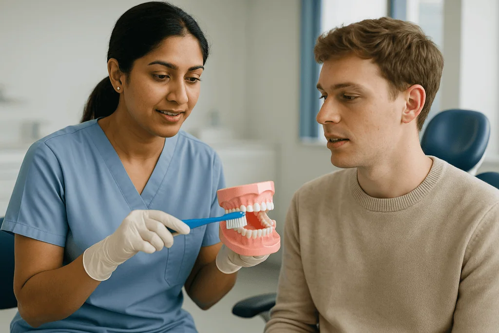 Dental professional demonstrating teeth model to male patient: What does an oral health therapist do during a visit?