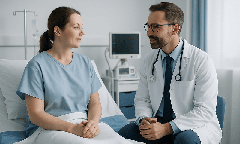Doctor consulting with a patient in a hospital room.