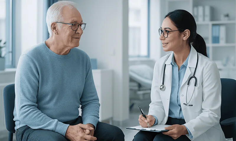 Doctor consulting with elderly patient in a medical office.