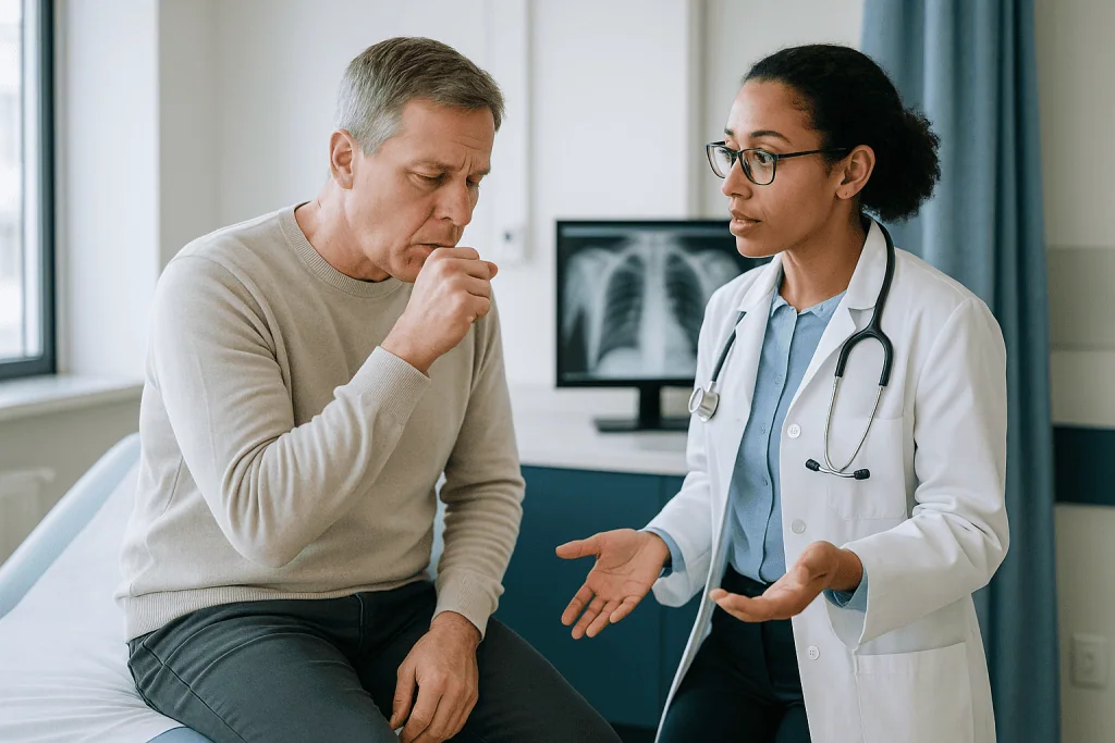 Doctor consulting with male patient in clinical setting: What does bronchitis cough sound like, and why your description mat