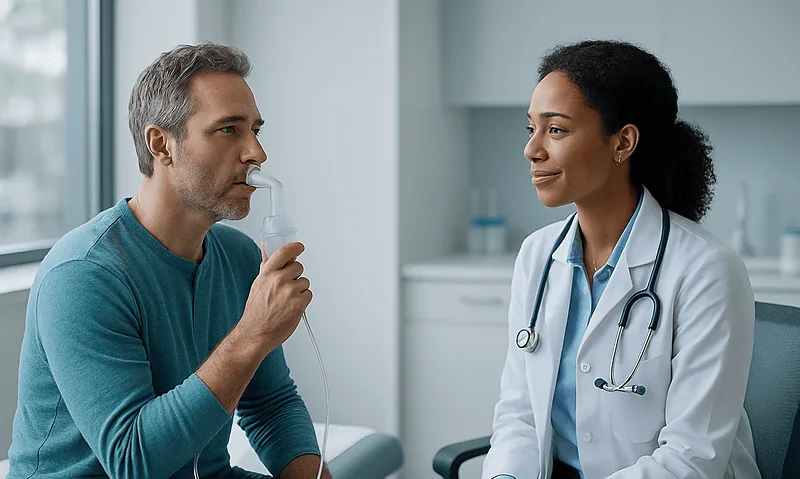 Doctor explains inhaler use to a patient with respiratory issues.