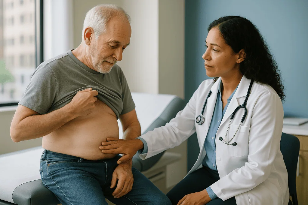 Doctor examining patient's abdomen during physical exam: What does enclomiphene do for men, according to the trials?