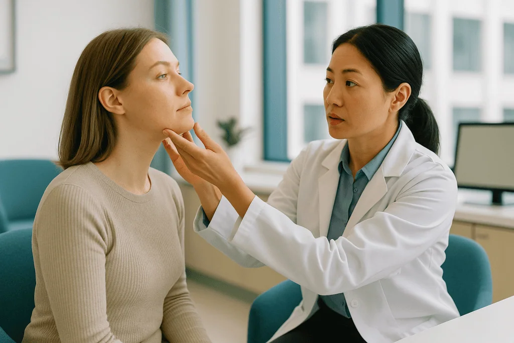 Doctor examining patient's chin and jaw during consultation — What does facial balancing do to the chin, jaw and cheeks?