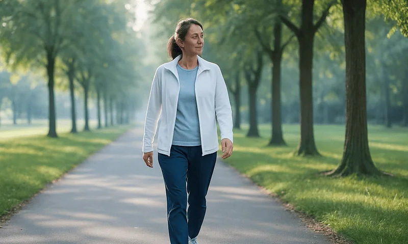 Woman walking in park during daytime, enjoying outdoor activity.