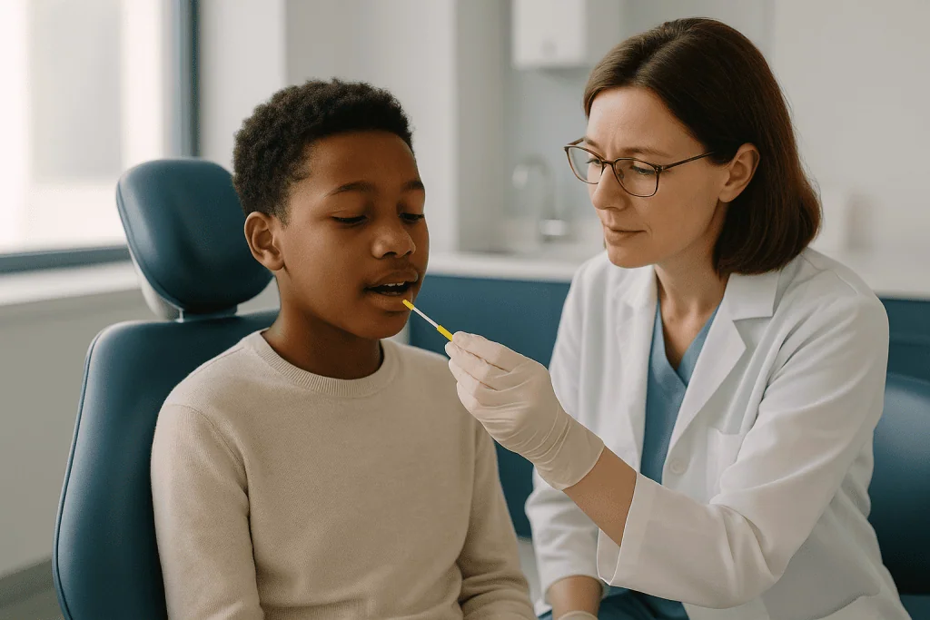 Pediatric dentist examining child's mouth with tongue depressor: What does fluoride varnish do for early tooth decay?