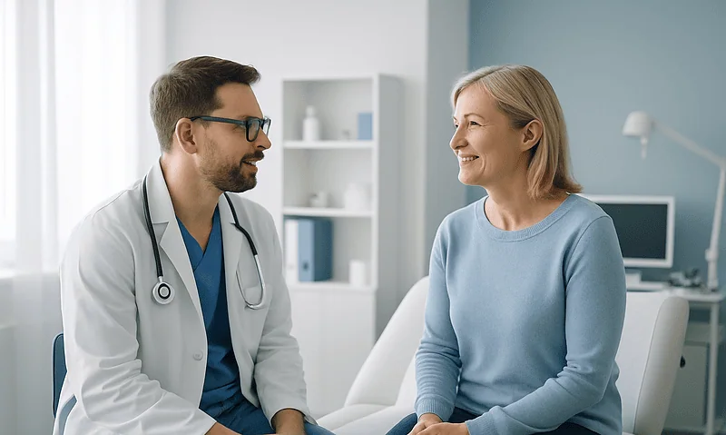 Doctor consulting with a smiling female patient in a medical office.