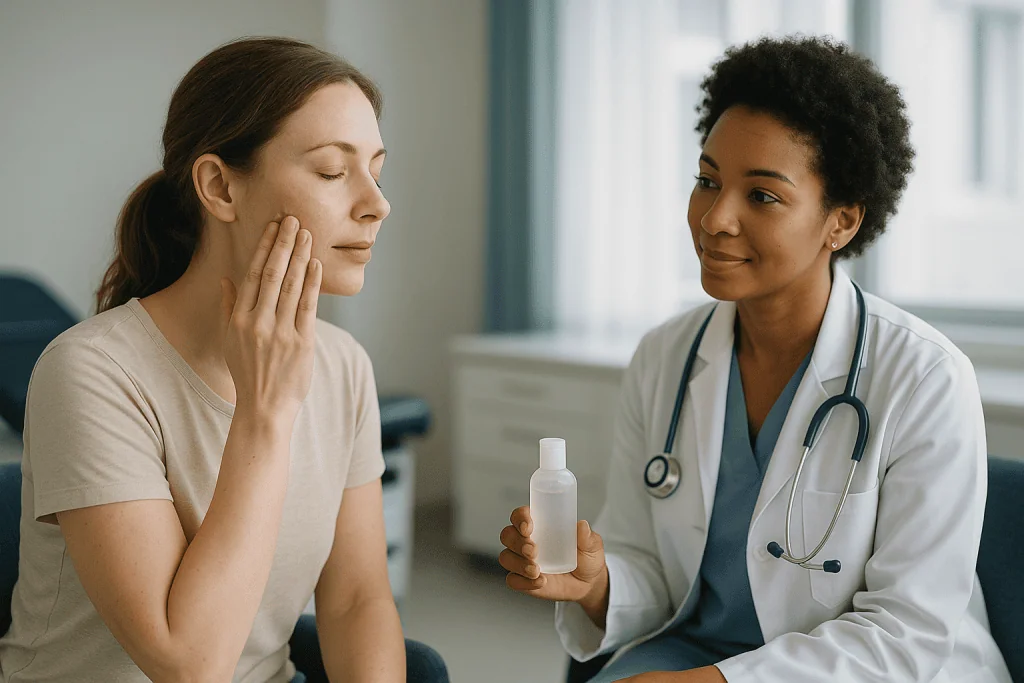 Doctor consulting patient, holding skincare product bottle: What does glycolic acid do to your skin?