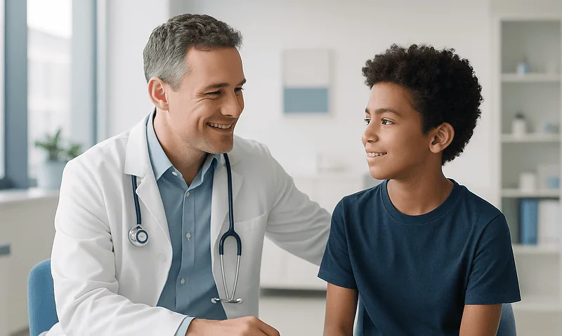 Pediatric patient with doctor in a medical consultation room.