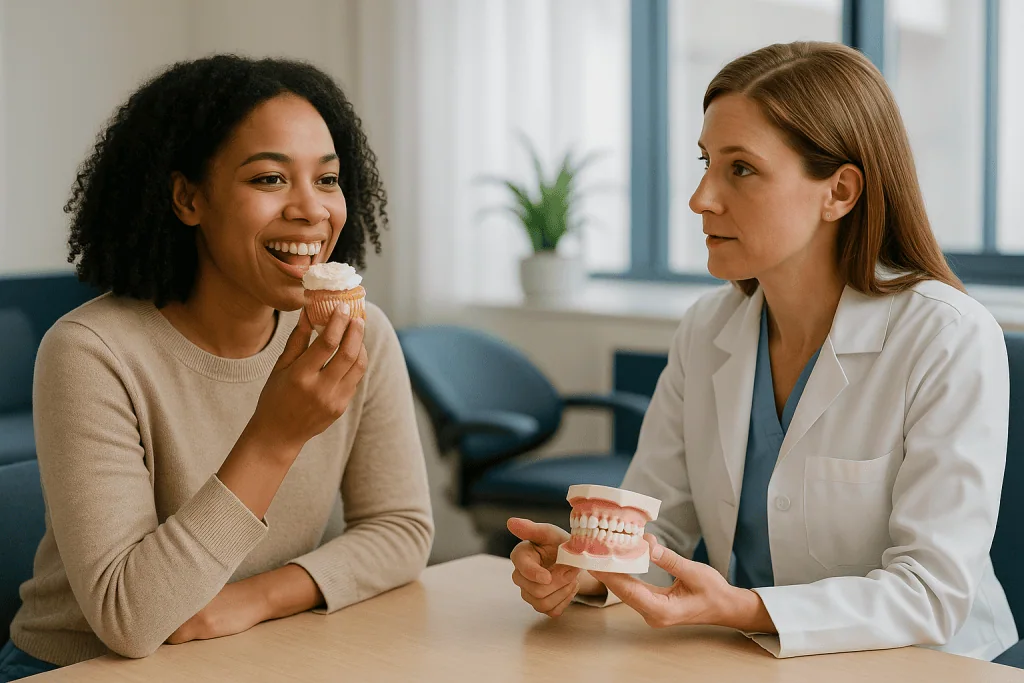 Dentist showing dental model to smiling female patient: What does gum contouring actually change?