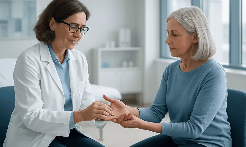 Doctor examining elderly woman's hand in a medical consultation.
