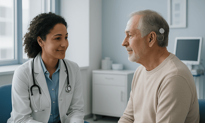 Doctor consulting with an elderly patient in a medical office.