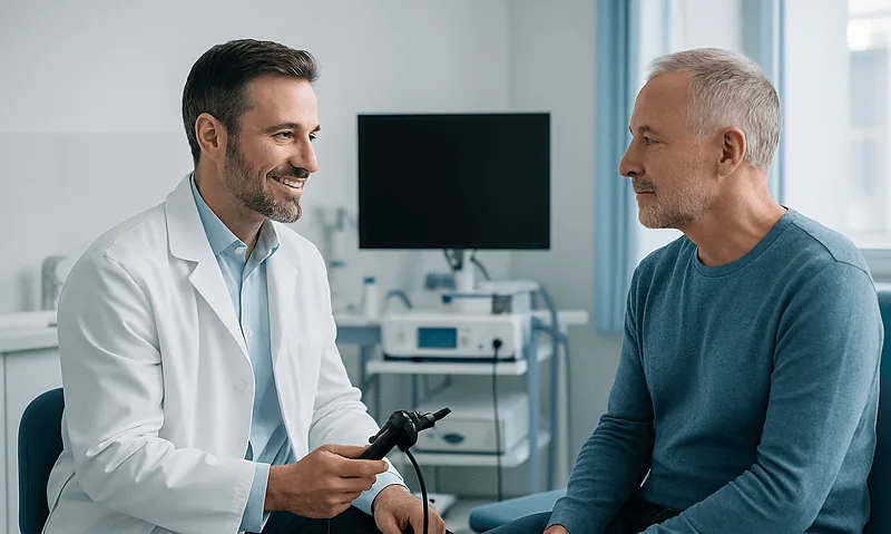 ENT specialist explaining endoscopic sinus surgery to patient in clinic.