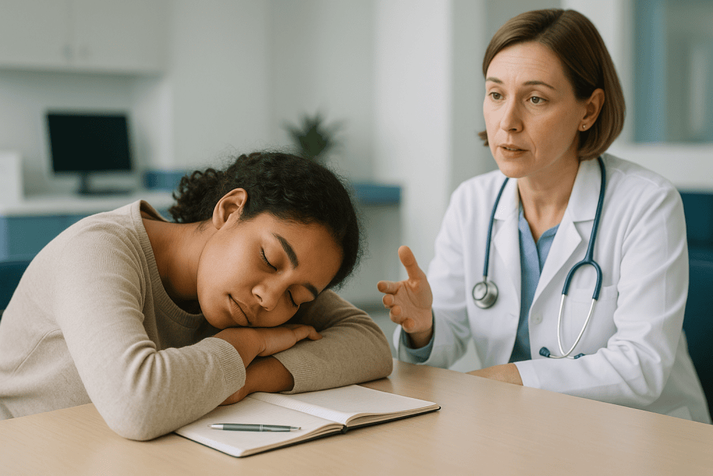 Doctor consulting with fatigued teenage patient in clinic: What does it feel like to fall asleep with narcolepsy?