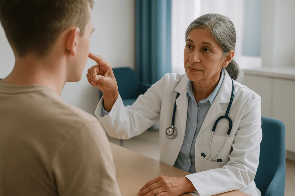Doctor examining patient's face during consultation: What does it mean if your ears stick out? Usually, nothing medical at a