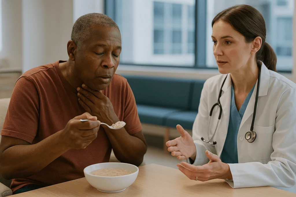Doctor consulting patient about swallowing difficulties with food: What does it mean when a cancer patient has trouble swall