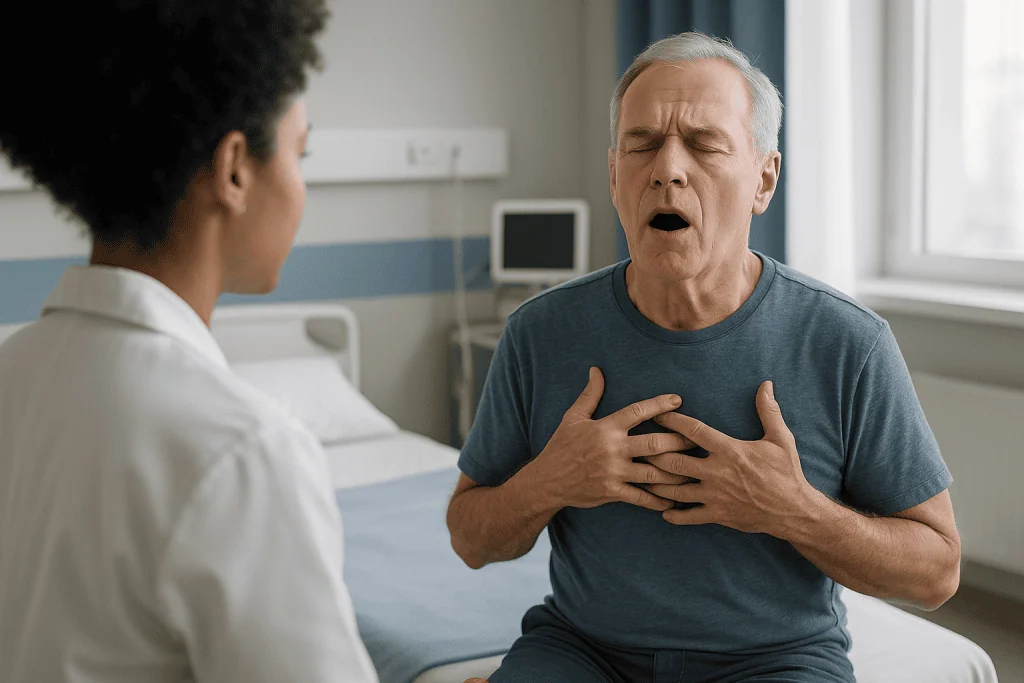 Older man experiencing chest pain with doctor consultation: What does Kussmaul breathing look and sound like?