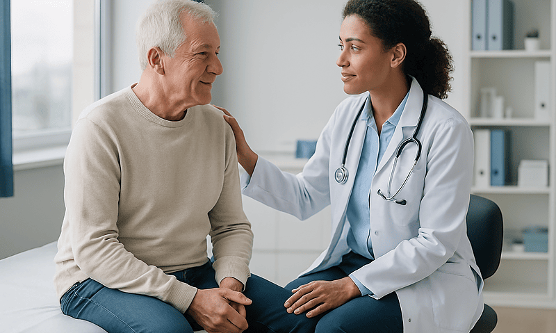 Doctor consulting with elderly male patient in a medical office.