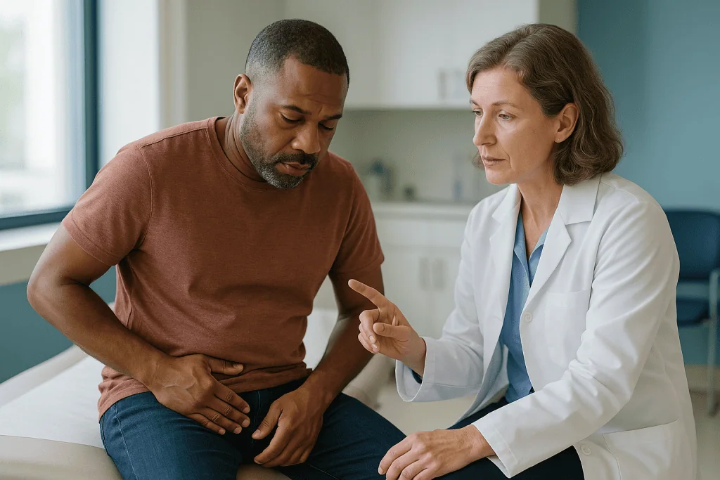 Doctor consulting male patient about abdominal/lower body pain: What does Peyronie's disease feel like in the first stage?