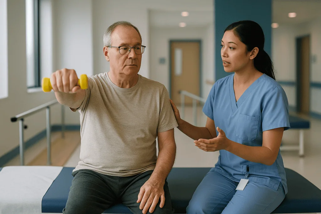Older patient doing arm exercises with yellow dumbbell, therapist supervising: What does physical therapy for neuromuscular 