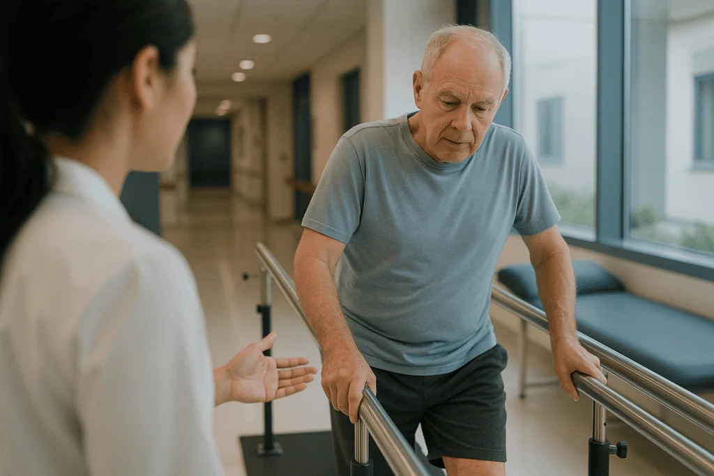 Older man using handrail with healthcare professional: What does physical therapy target in Huntington's disease?