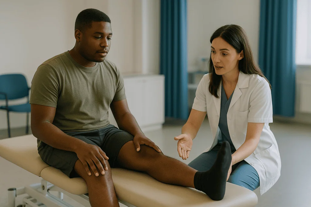 Physiotherapist examining patient's knee during consultation: What does physiotherapy for hemophilia actually involve?