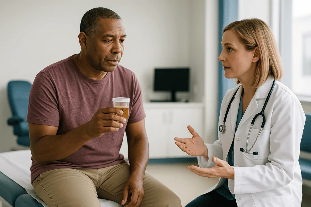 Doctor consulting with male patient in clinical setting: What does protein in urine actually mean?