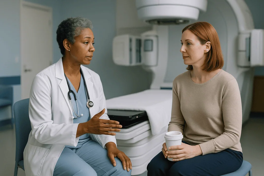 Doctor consulting patient in clinical setting with imaging equipment: What does radiation feel like? Warmth, flashes, smells