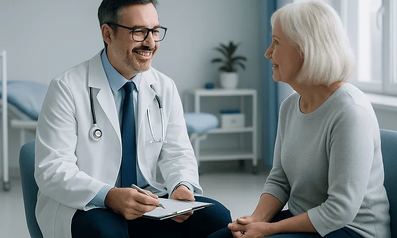 Doctor consulting with an elderly female patient in a medical office.