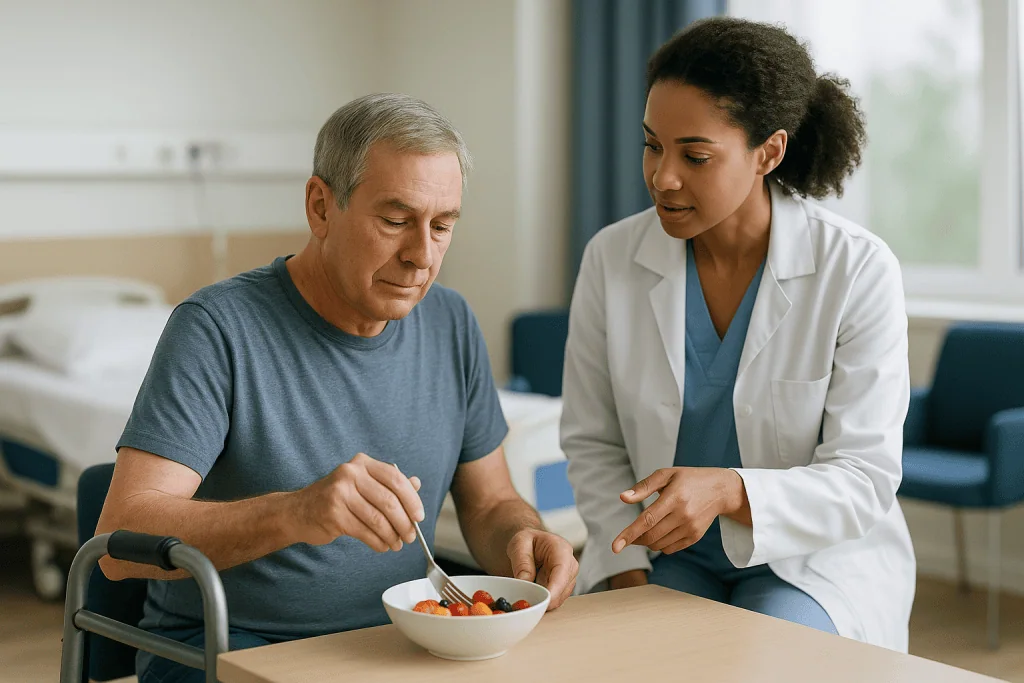 Healthcare provider discussing nutrition with elderly patient: What does recovery after encephalitis rehabilitation actually
