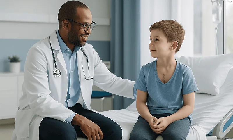 Pediatric cardiology consultation in hospital with doctor and young patient.