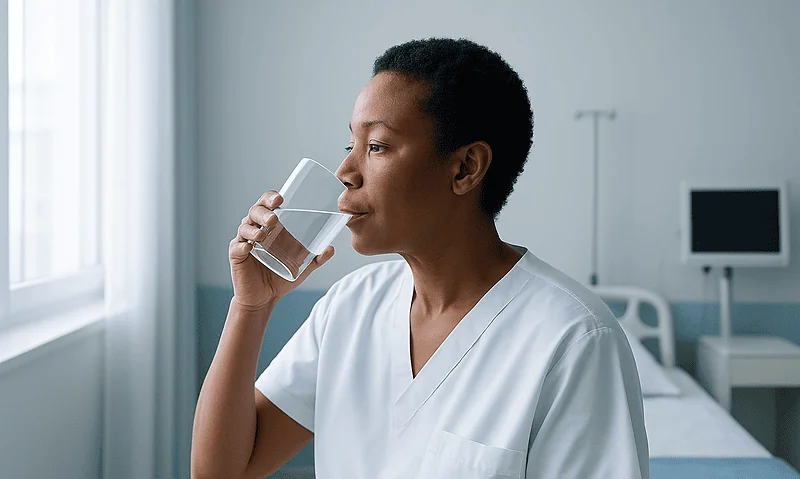 Woman drinking water in hospital room after gastric bypass surgery.