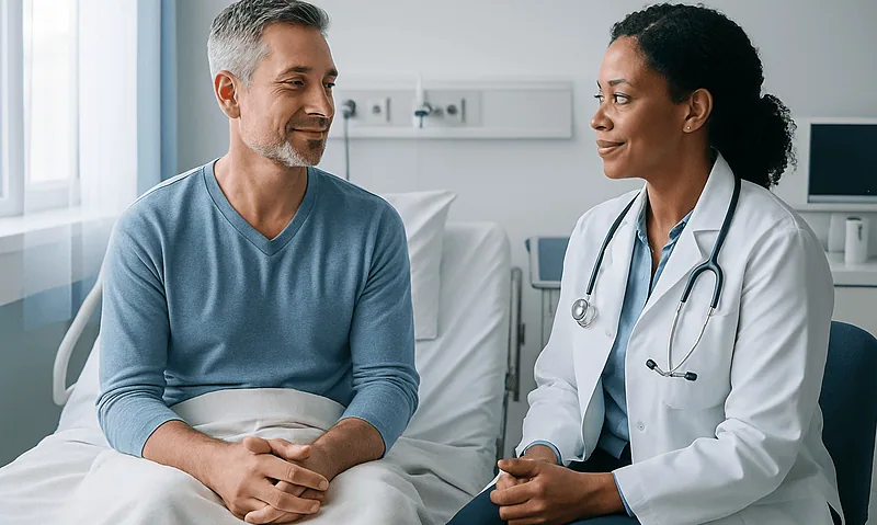 Doctor and patient having a conversation in a hospital room.