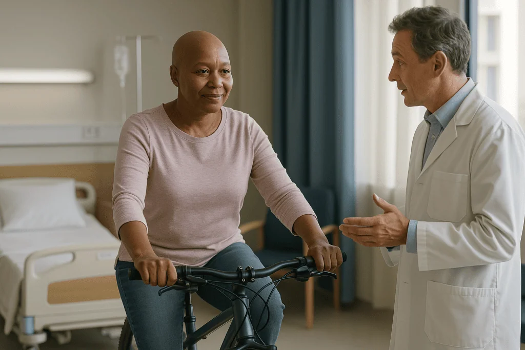 Doctor consulting patient on stationary exercise bike indoors: What does "remission" actually mean after induction?