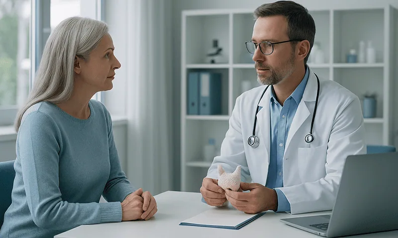 Doctor consulting with an elderly female patient in a medical office.