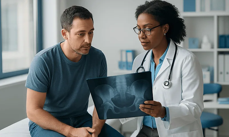 Urologist explaining pelvic X-ray to male patient in clinic.