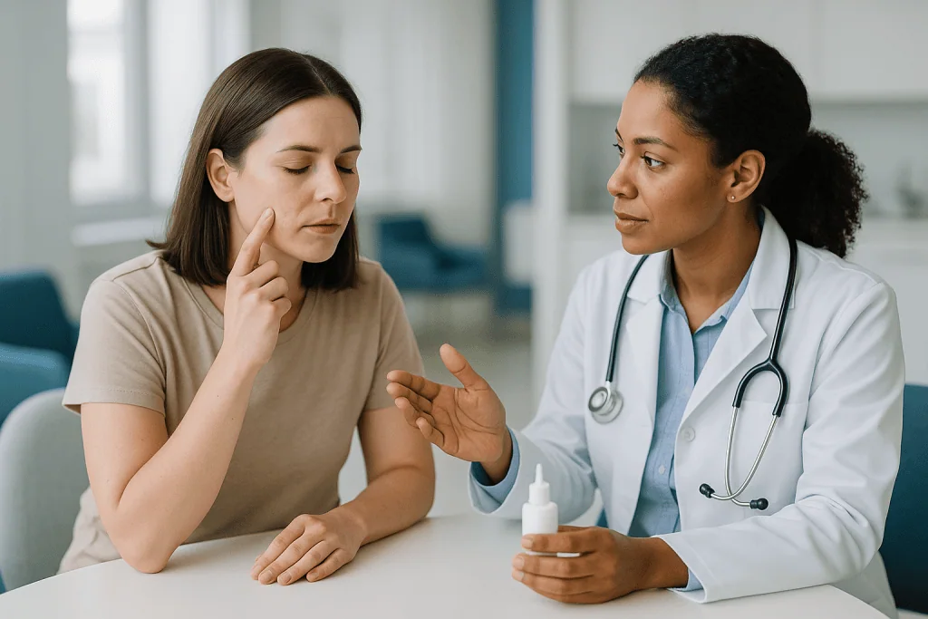 Doctor consulting patient in clinical office setting: What does salicylic acid do that glycolic and lactic acid cannot?