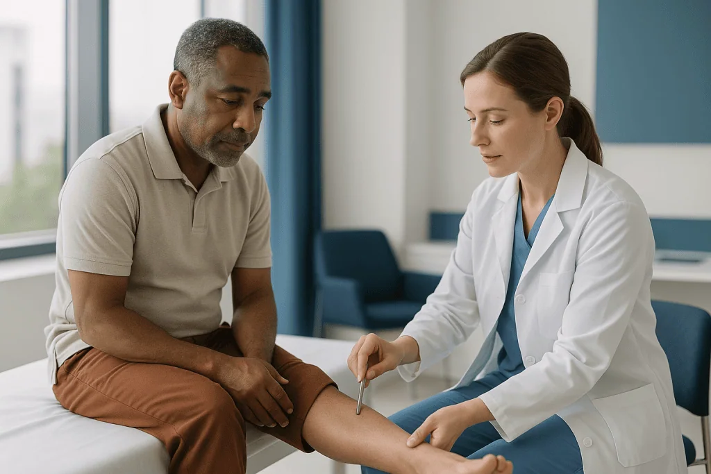 Doctor examining patient's leg during consultation: What does smoothing cartilage actually mean during ankle arthroscopy?