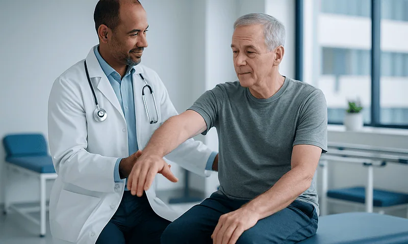 Doctor assisting elderly patient with arm movement therapy in clinic.