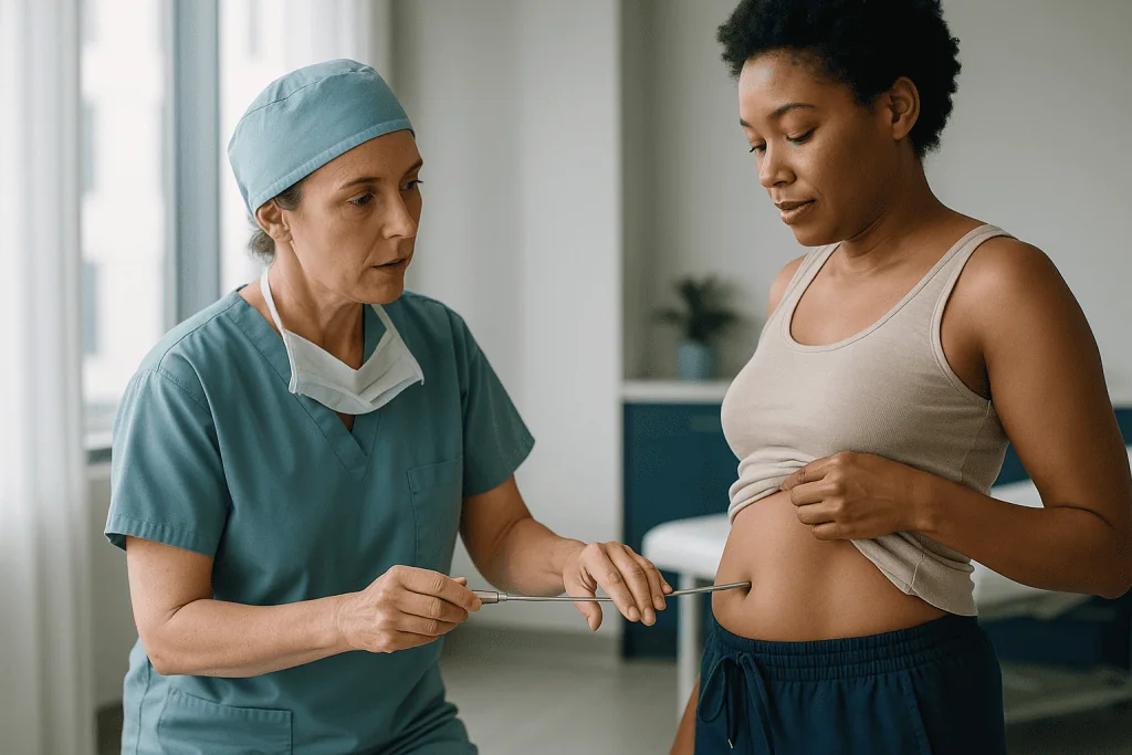 Pregnant woman receiving abdominal examination from medical professional: What does the cannula actually do under the skin?