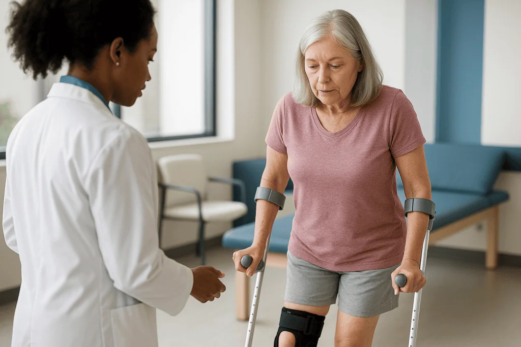 Older woman using crutches with healthcare provider supervising: What does the first week at home look like?