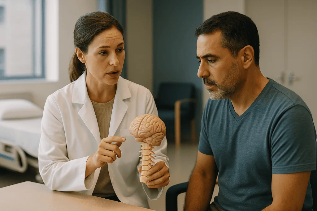 Doctor explaining brain and spine model to patient: What does the posterior fossa decompression procedure actually remove?