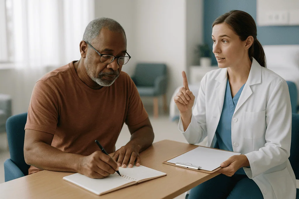 Doctor and patient in consultation at desk with paperwork: What does the speech-language pathologist do that home practice c