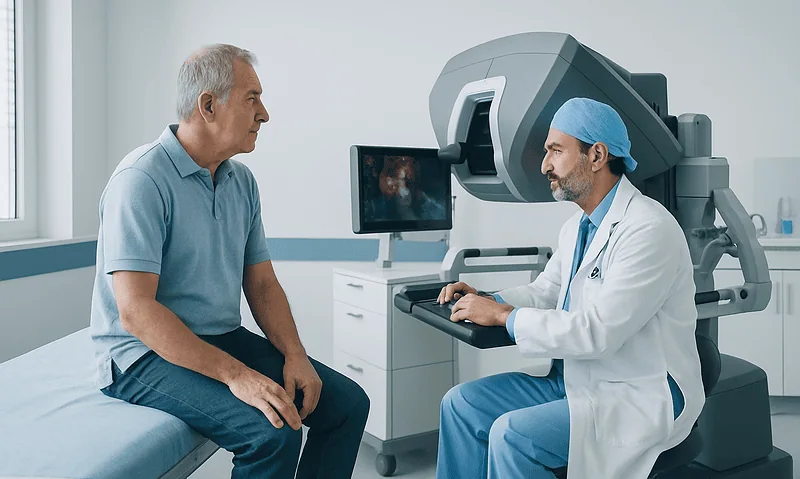 Urologist explains robotic surgery to patient in a modern hospital room.