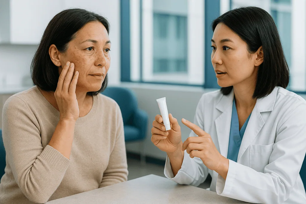Female dermatologist consulting patient about skin treatment: What does tranexamic acid do to the skin?