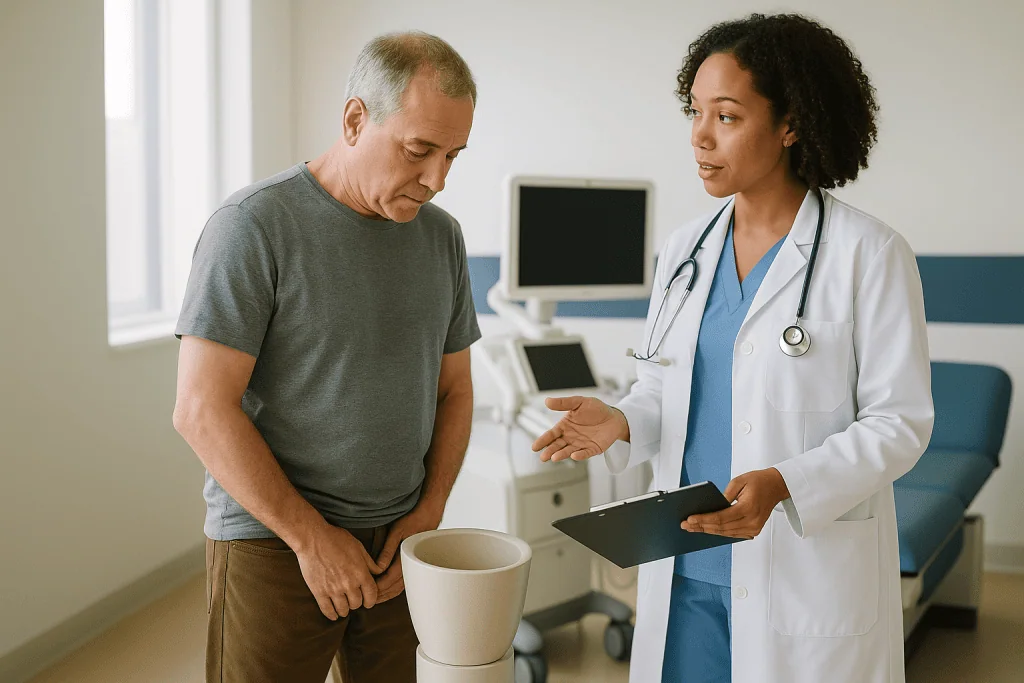 Doctor consulting patient in clinical exam room: What does uroflowmetry involve, and what is a normal uroflowmetry result?