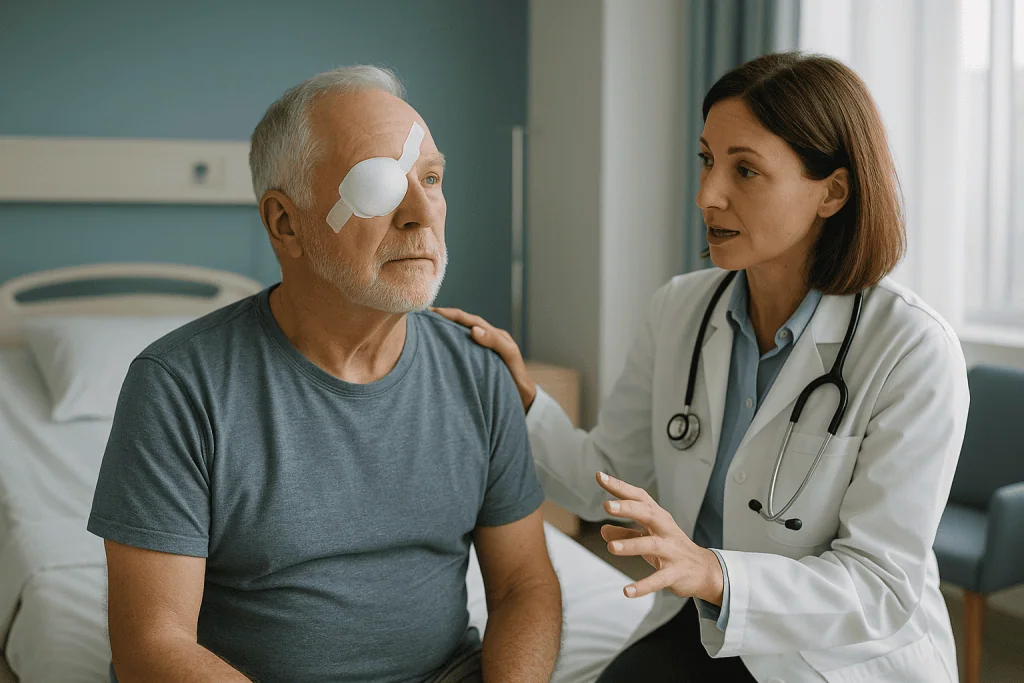 Doctor consulting older patient with eye patch in hospital room: What does vision look like after a vitrectomy? The first ho