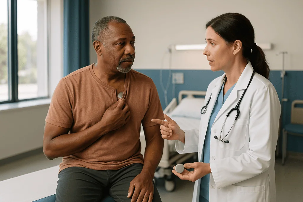 Doctor consulting with patient in hospital room: What does VNS battery replacement involve on the day?