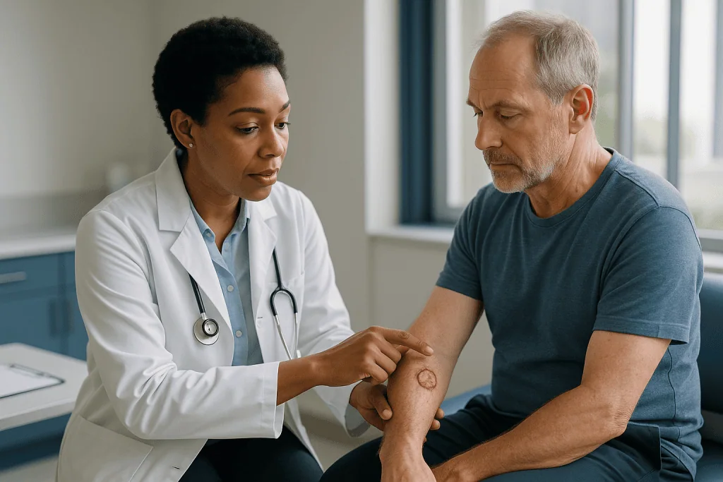 Doctor examining patient's arm skin lesion: What does wide local excision mean for skin cancer such as melanoma?