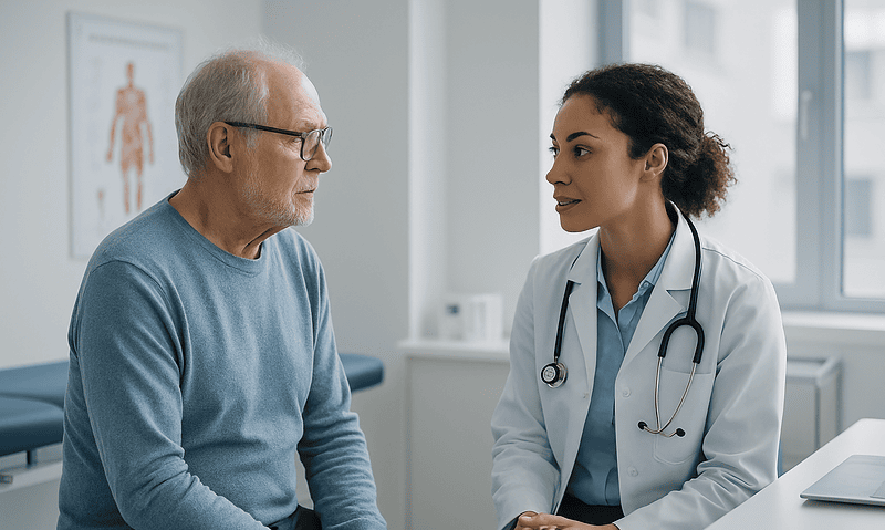 Doctor consulting with an elderly male patient in a medical office.