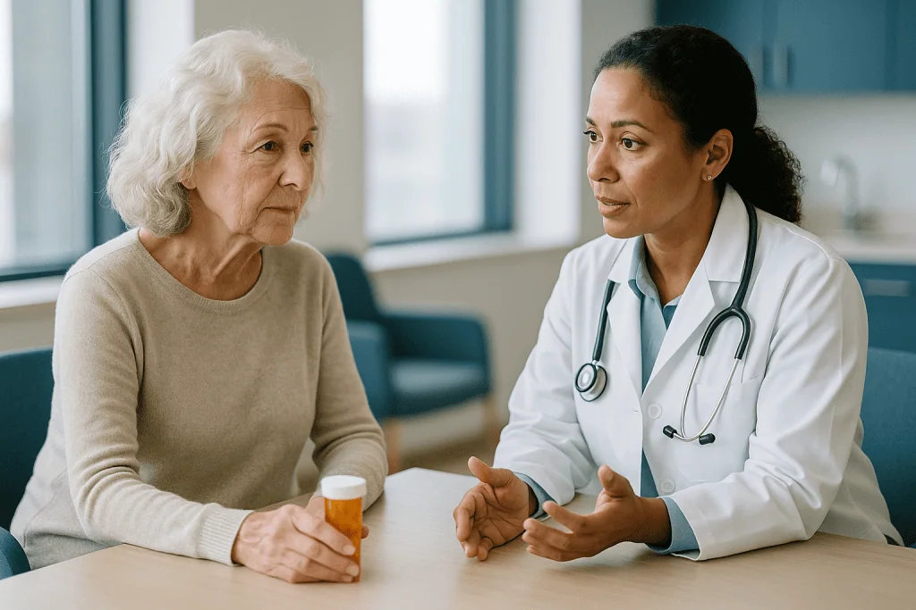 Doctor consulting with elderly patient about medication: What drugs are senolytics? The candidates in human trials